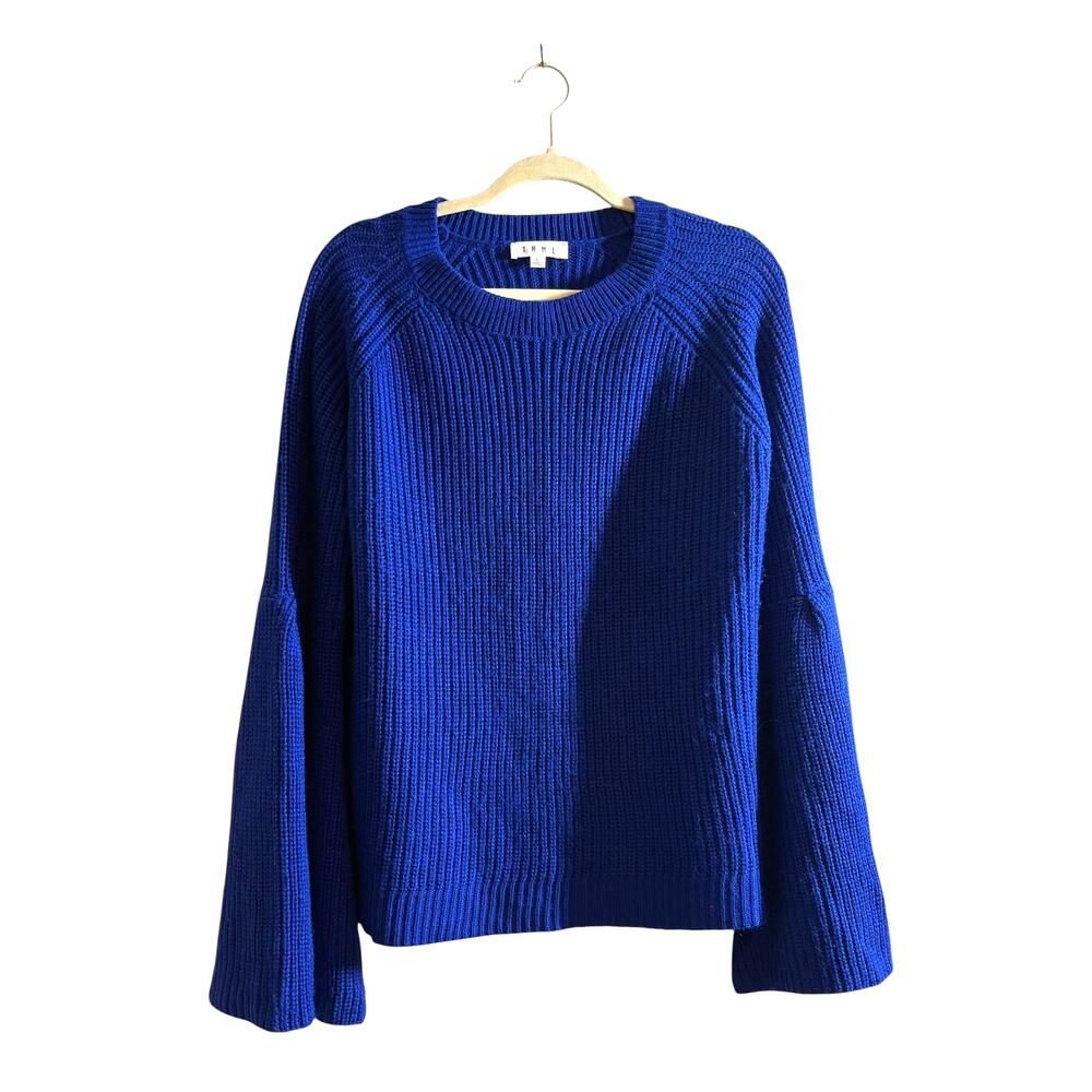 THML Sweater Women L Blue Trumpet Sleeve Royal Fall Business Casual Cozy Modest